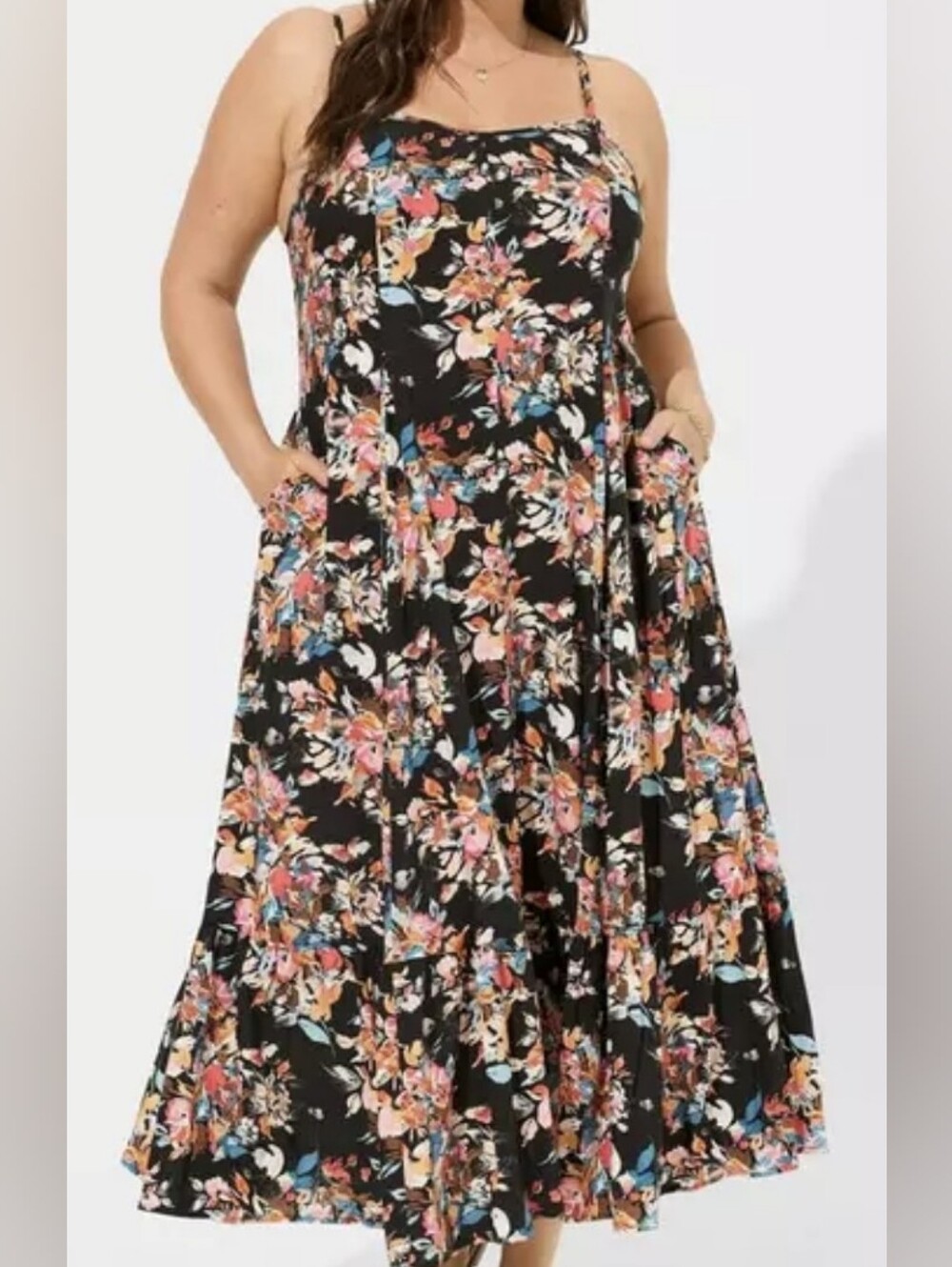 Torrid Tiered Floral Spaghetti-Strap Maxi Trapeze Dress in Black, Size 1x
